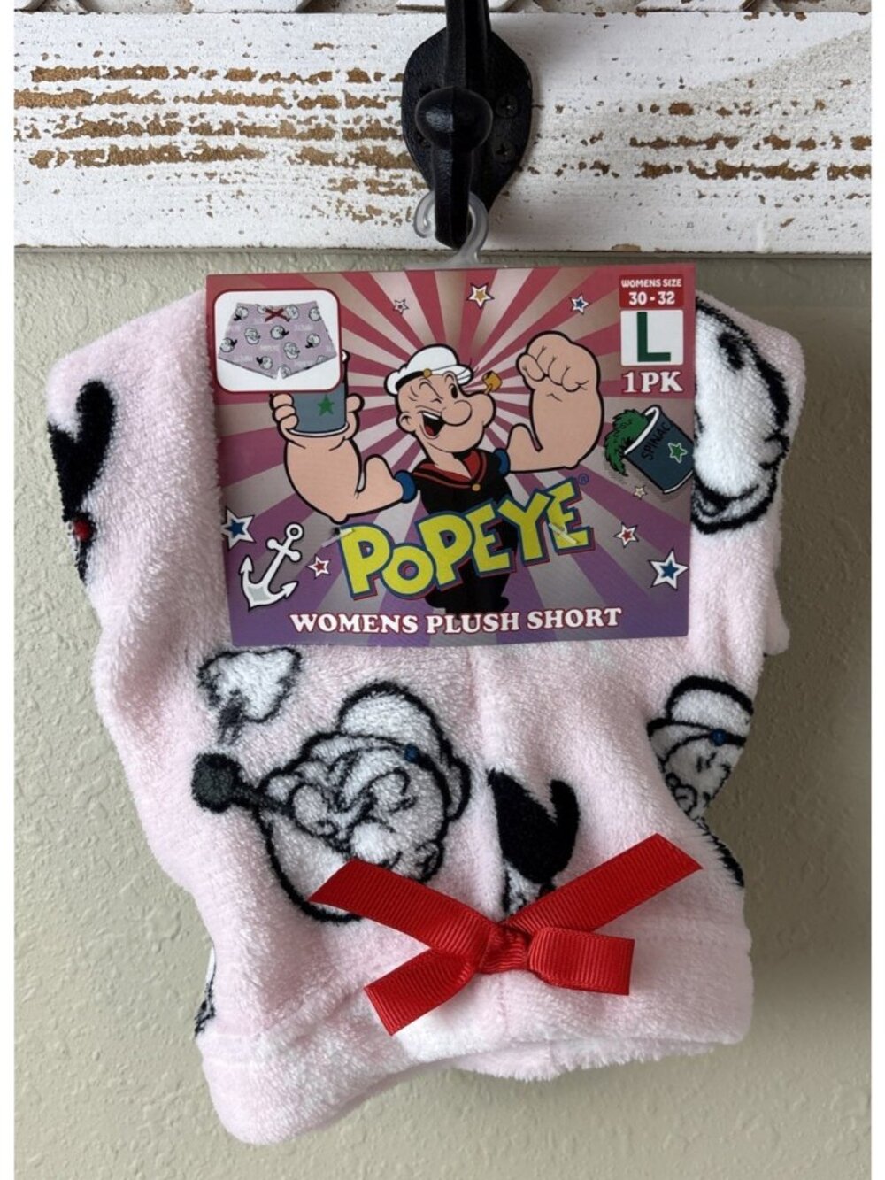 Popeye Olive Oil Womens Plush Sleep Shorts L Pink/Black Stretch Soft Bow Pull-On